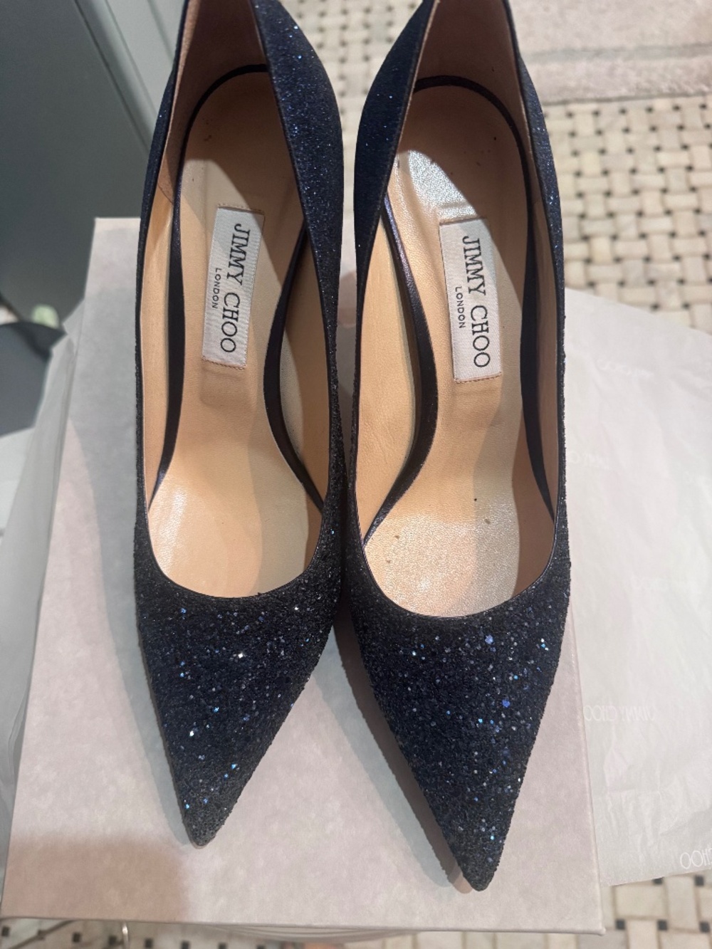 Jimmy Choo Love 85 Navy Coarse-to-Fine Glitter Dégradé Pumps Size 41 / 11